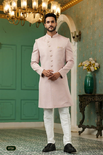Elegant Pink Color Jacquard Fabric Mens Indowestern