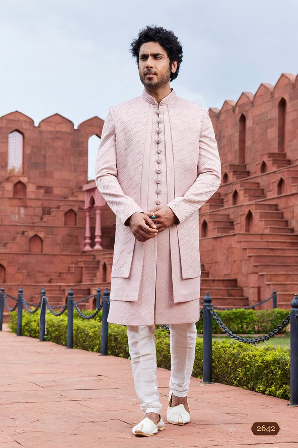 Classy Pink Color Art Silk Fabric Mens Indowestern