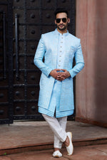 Classy Aqua Color Art Silk Fabric Mens Indowestern