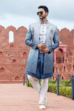 Classy Blue Color Art Silk Fabric Mens Indowestern