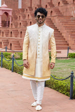 Classy Yellow Color Art Silk Fabric Mens Indowestern