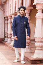 Elegant Navy Blue Color Art Silk Fabric Sherwani