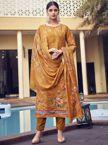 Glowing Mustard Color Muslin Fabric Casual Suit