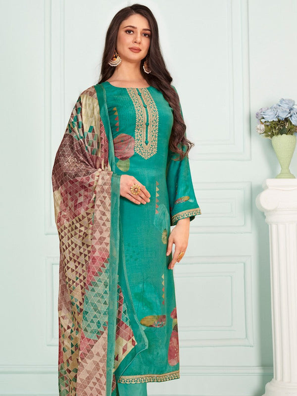 Attractive Turquoise Color Muslin Fabric Plazzo Suit