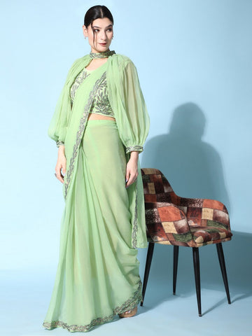 Amazing Green Color Satin Fabric Readymade Saree