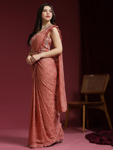 Wonderful Peach Color Jacquard Fabric Readymade Saree