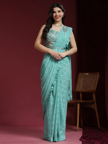 Wonderful Turquoise Color Jacquard Fabric Readymade Saree