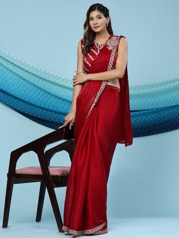 Elegant Red Color Satin Fabric Readymade Saree