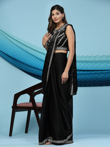 Elegant Black Color Satin Fabric Readymade Saree