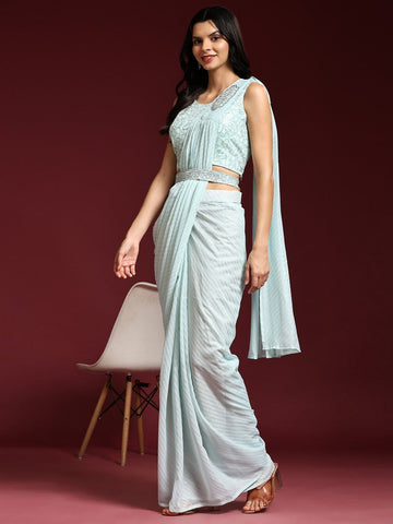 Amazing Aqua Color Shimmer Fabric Readymade Saree