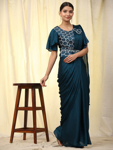 Wonderful Teal Color Satin Fabric Readymade Saree