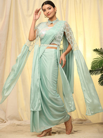 Beautiful Aqua Color Chinon Fabric Readymade Saree