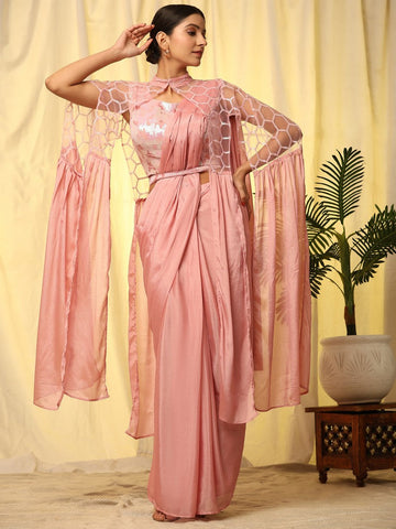 Beautiful Peach Color Chinon Fabric Readymade Saree