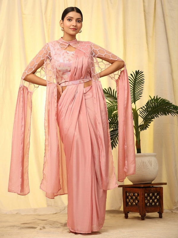 Beautiful Peach Color Chinon Fabric Readymade Saree