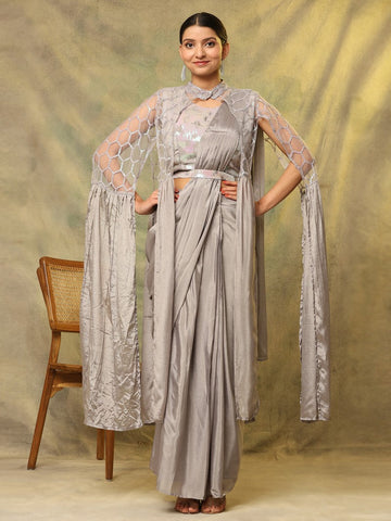 Beautiful Grey Color Chinon Fabric Readymade Saree
