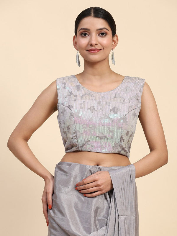 Beautiful Grey Color Chinon Fabric Readymade Saree
