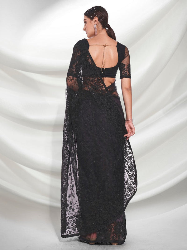 Desirable Black Color Net Fabric Partywear Saree