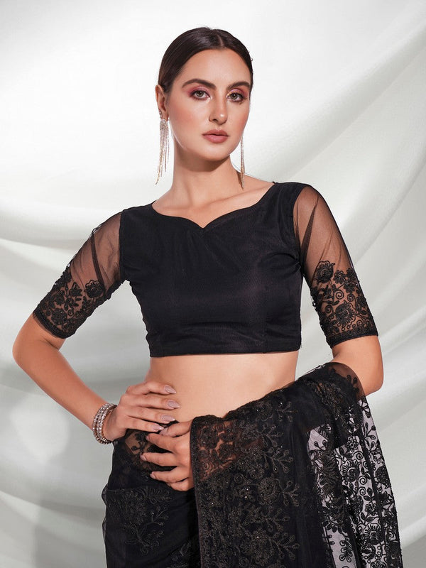 Desirable Black Color Net Fabric Partywear Saree