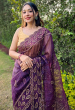 Striking Purple Color Organza Fabric Designer Saree
