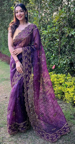 Striking Purple Color Organza Fabric Designer Saree