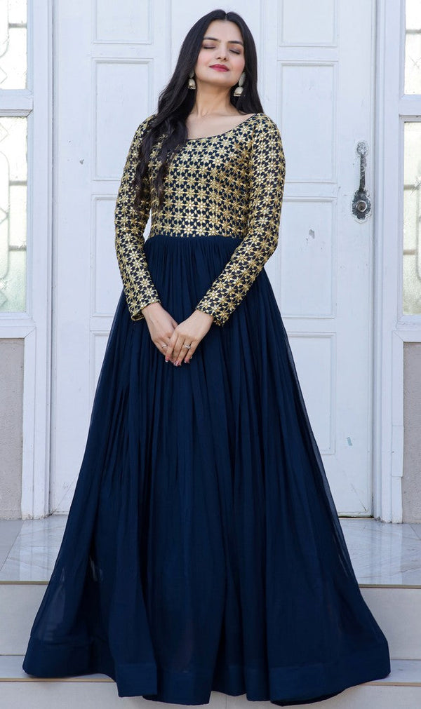 Elegant Navy Blue Color Georgette  Fabric Gown