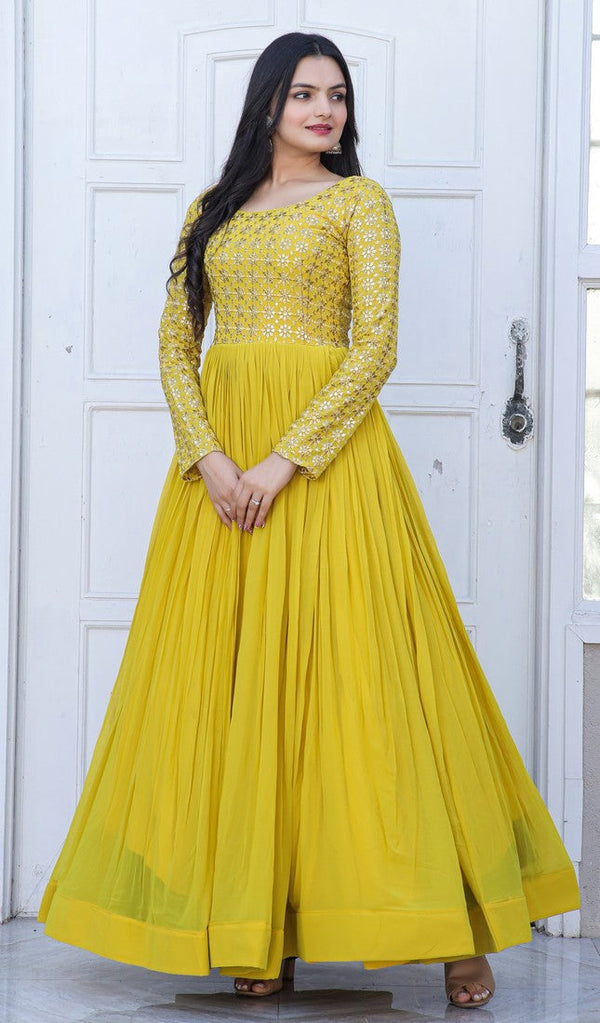 Elegant Yellow Color Georgette  Fabric Gown