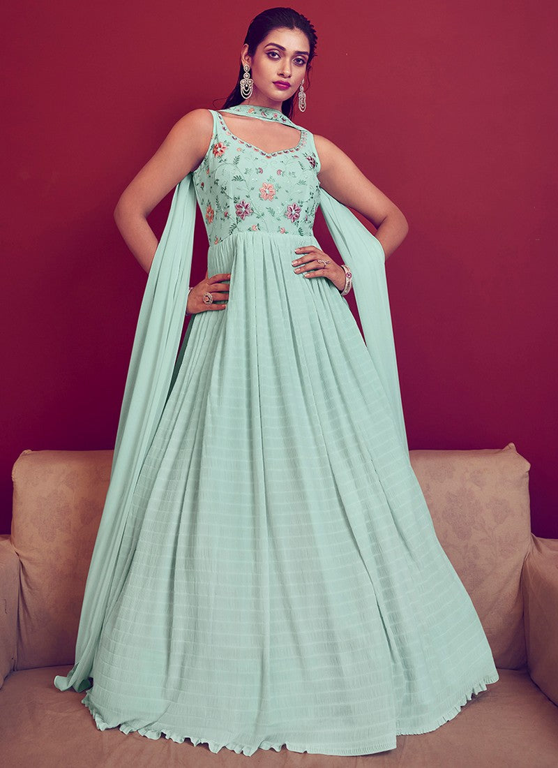 Function Wear Captivating Georgette Fabric Gown In Teal Color