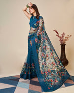 Beautiful Teal Color Net Fabric Partywear Saree