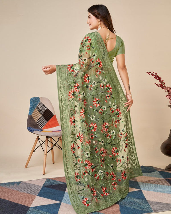 Beautiful Green Color Net Fabric Partywear Saree