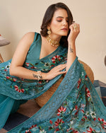 Beautiful Turquoise Color Net Fabric Partywear Saree