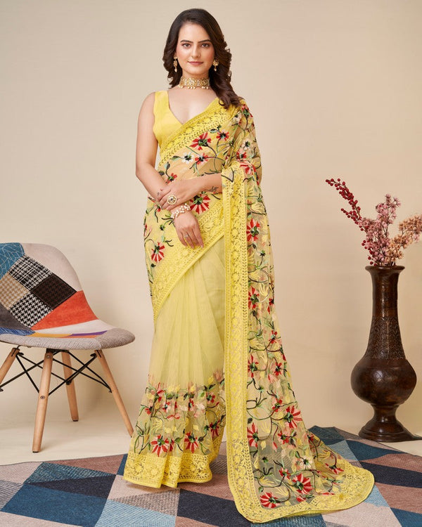 Beautiful Yellow Color Net Fabric Partywear Saree