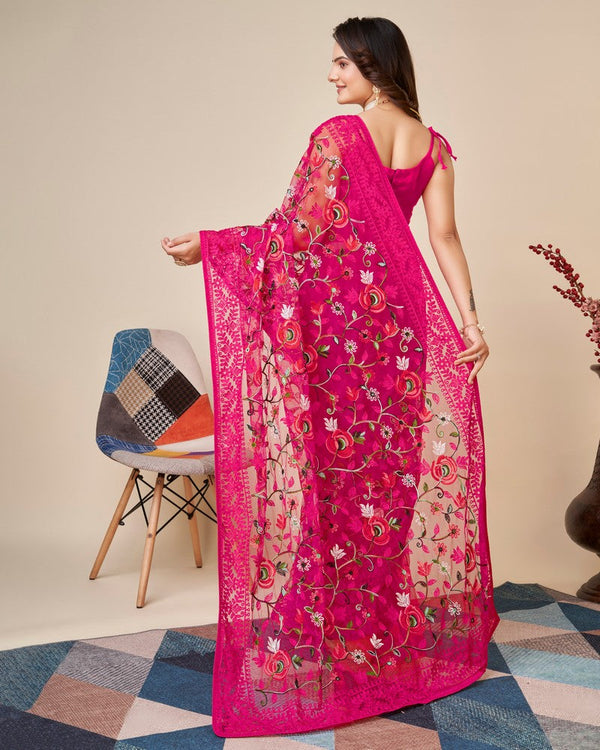 Beautiful Pink Color Net Fabric Partywear Saree