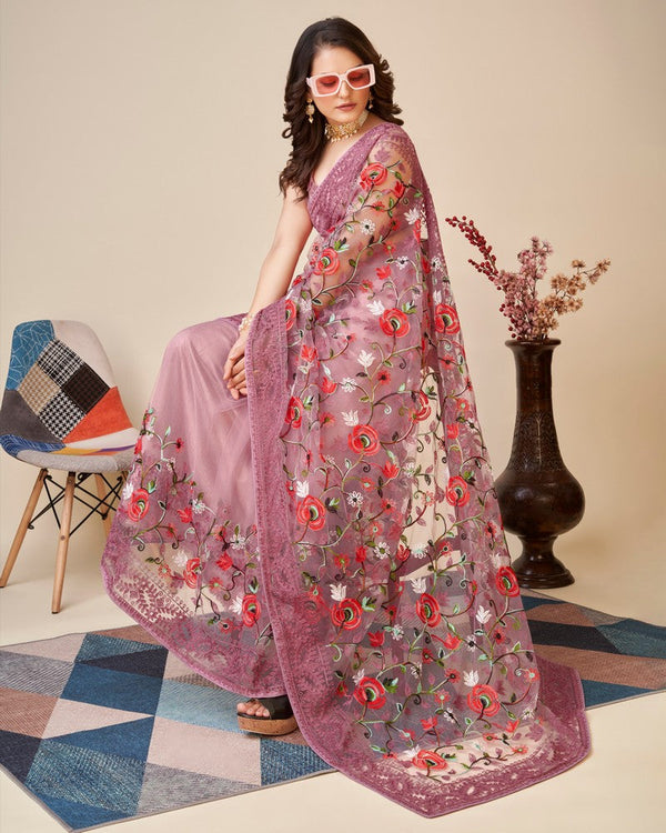 Beautiful Pink Color Net Fabric Partywear Saree