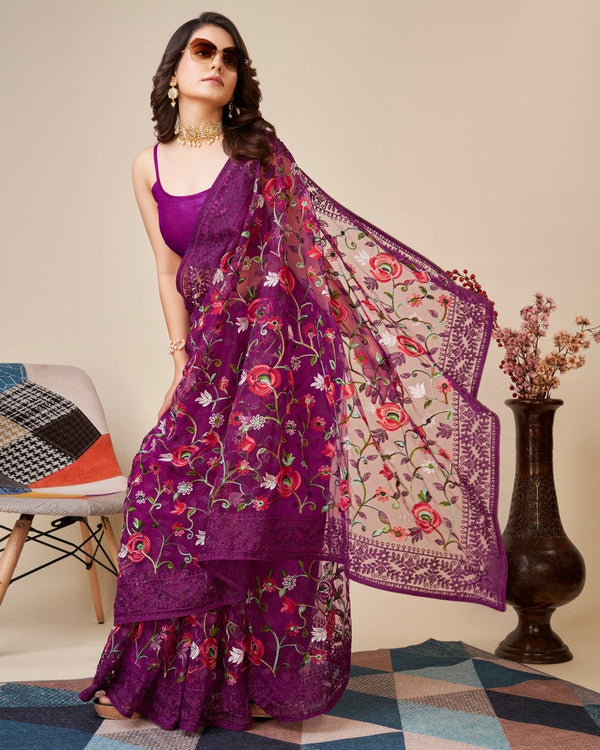 Beautiful Purple Color Net Fabric Partywear Saree
