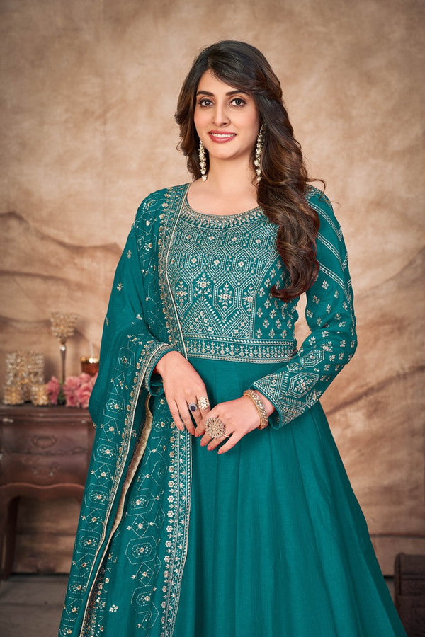 Amazing Teal Color Art Silk Fabric Partywear Suit