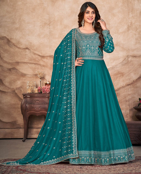 Amazing Teal Color Art Silk Fabric Partywear Suit