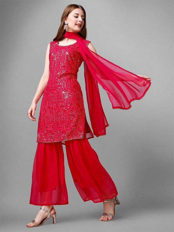 Amazing Red Color Georgette Fabric Sharara Suit