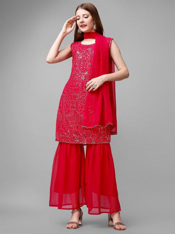 Amazing Red Color Georgette Fabric Sharara Suit