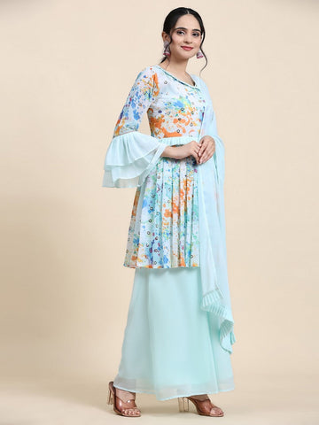 Amazing Aqua Color Georgette Fabric Sharara Suit