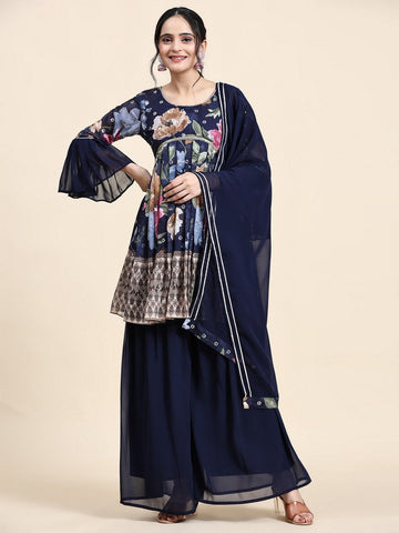 Amazing Navy Blue Color Georgette Fabric Sharara Suit