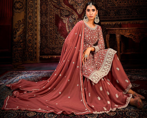Amazing Brown Color Georgette Fabric Partywear Suit