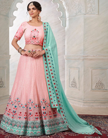 Captivating Peach Color Georgette Fabric Party Wear Lehenga