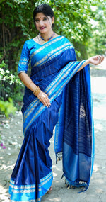 Desirable Blue Color Raw Silk Fabric Casual Saree