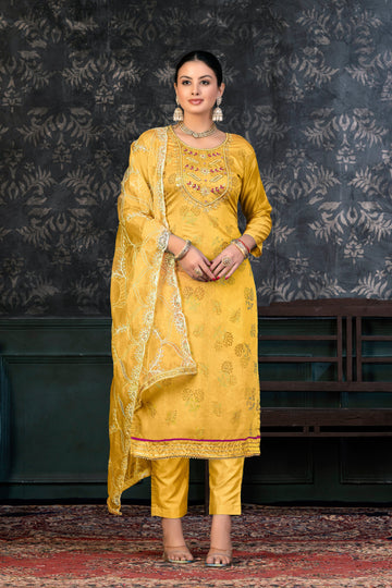 Alluring Yellow Color Organza Fabric Casual Suit