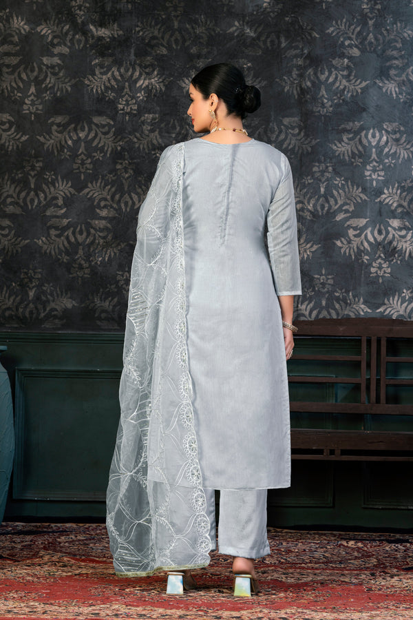 Alluring Grey Color Organza Fabric Casual Suit