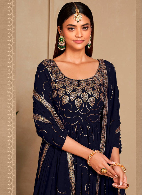 Attractive Navy Blue Color Georgette Fabric Gown