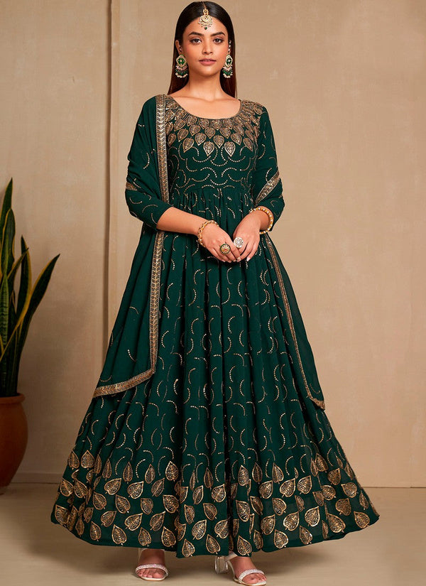 Attractive Green Color Georgette Fabric Gown