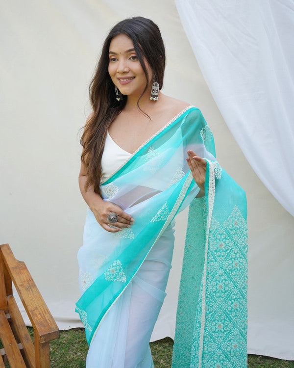Pleasing Turquoise Color Organza Fabric Casual Saree