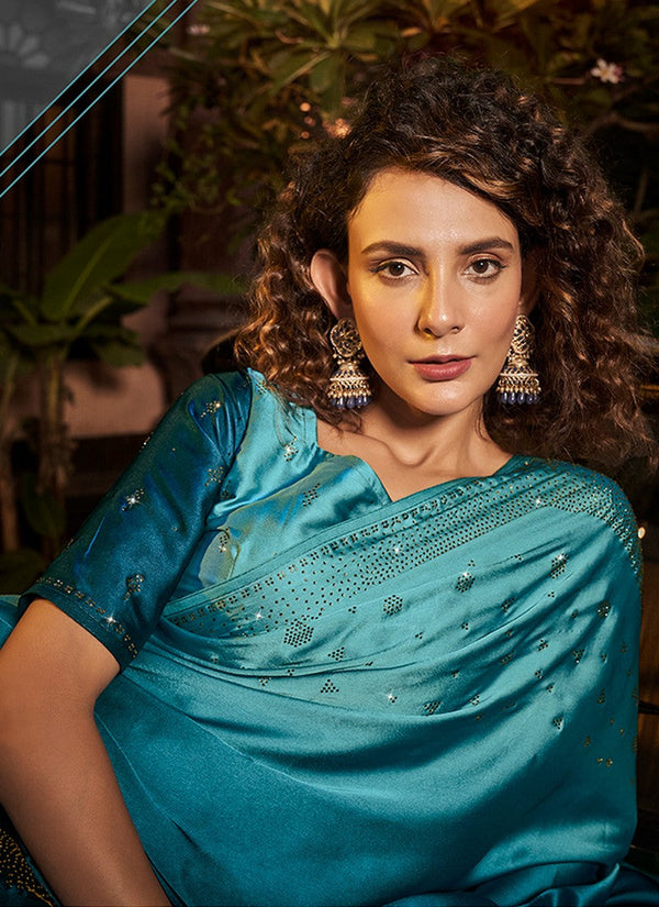 Desirable Turquoise Color Satin Fabric Partywear Saree