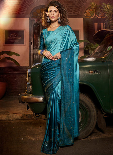 Desirable Turquoise Color Satin Fabric Partywear Saree